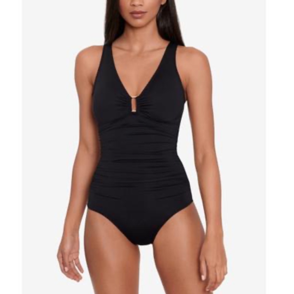 Ralph Lauren Ring Over the Shoulder Tummy Control One Piece Swimsuit - Black